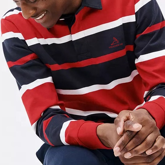 Oem Custom Embroidered Logo 100% Cotton Polo Shirt Tops Long Sleeves Striped Casual Rugby Polo Shirt For Men