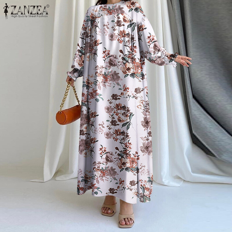 ZANZEA Women Bohemian Floral Printed A-Line Sundress Holiday Beach Long Sleeve Maxi Dress #15