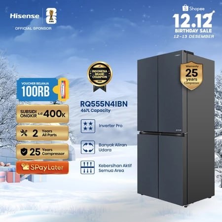 Hisense Kulkas RQ555N4IBN Refrigerator 4 Pintu Kapasitas 468L Warna Hitam